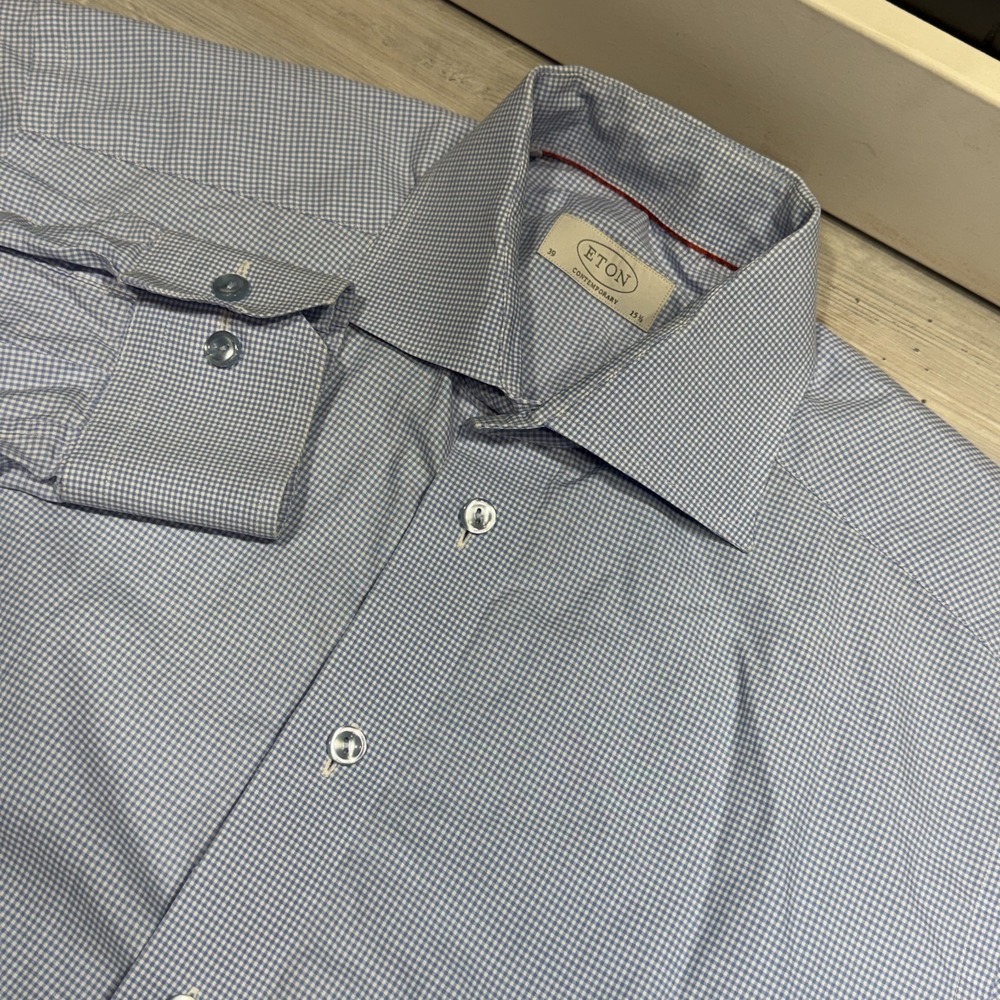 Eton Contemporary Button Down Shirt Mens 15.5 39 Reg Fit Blue Check‎ Long sleeve